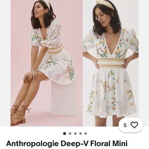 Anthropologie White Floral Embroidered Deep-V Mini Dress